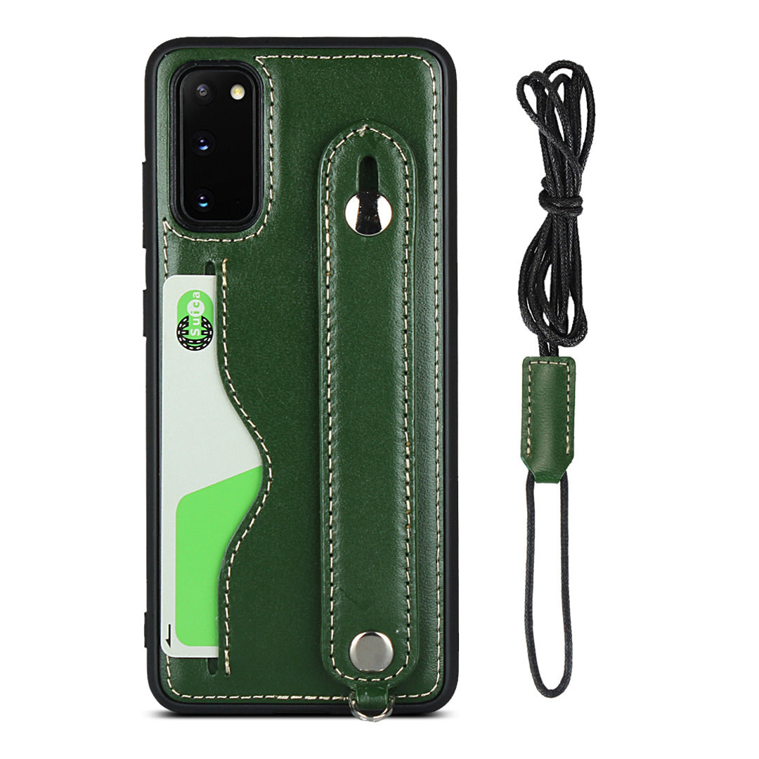 Handy Strap Kickstand Card Holder Genuine Leather Coated TPU Cover with Lanyard for Samsung Galaxy S20 4G/S20 5G - Green