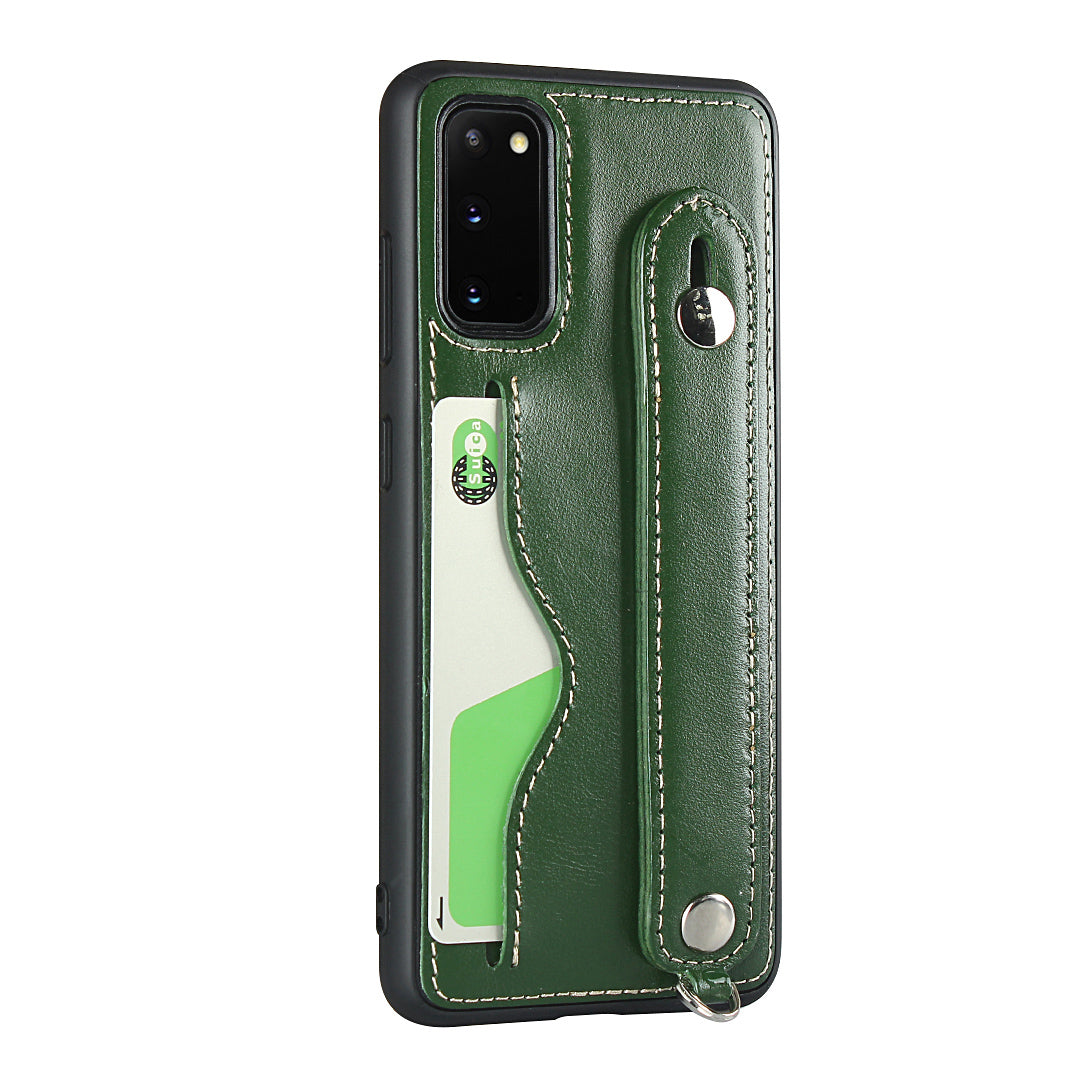 Handy Strap Kickstand Card Holder Genuine Leather Coated TPU Cover with Lanyard for Samsung Galaxy S20 4G/S20 5G - Green