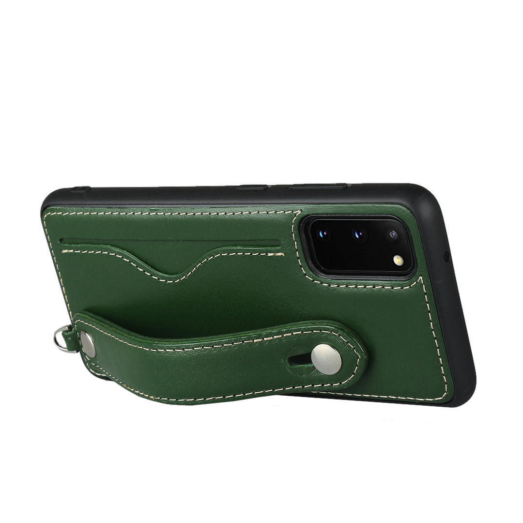 Handy Strap Kickstand Card Holder Genuine Leather Coated TPU Cover with Lanyard for Samsung Galaxy S20 4G/S20 5G - Green