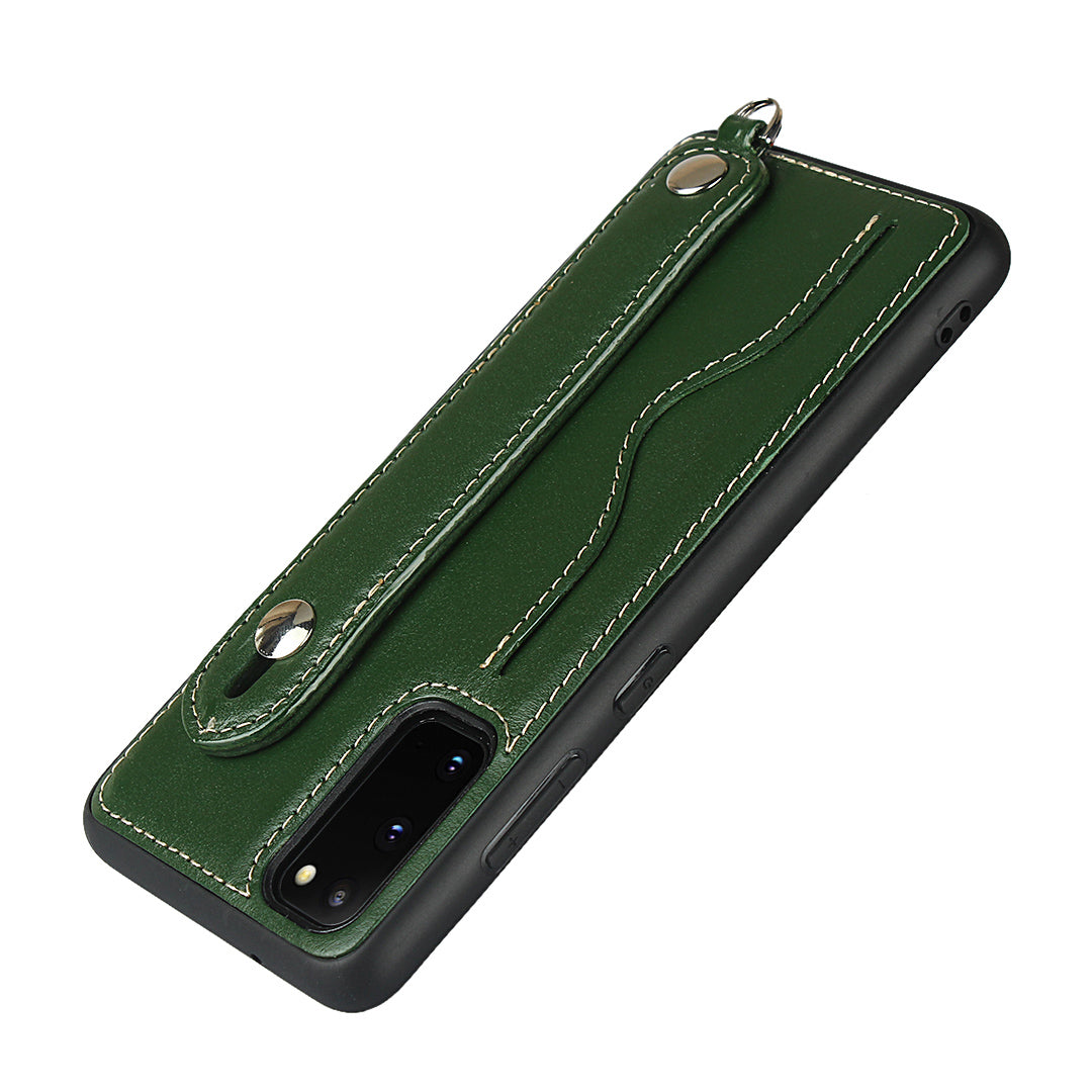 Handy Strap Kickstand Card Holder Genuine Leather Coated TPU Cover with Lanyard for Samsung Galaxy S20 4G/S20 5G - Green