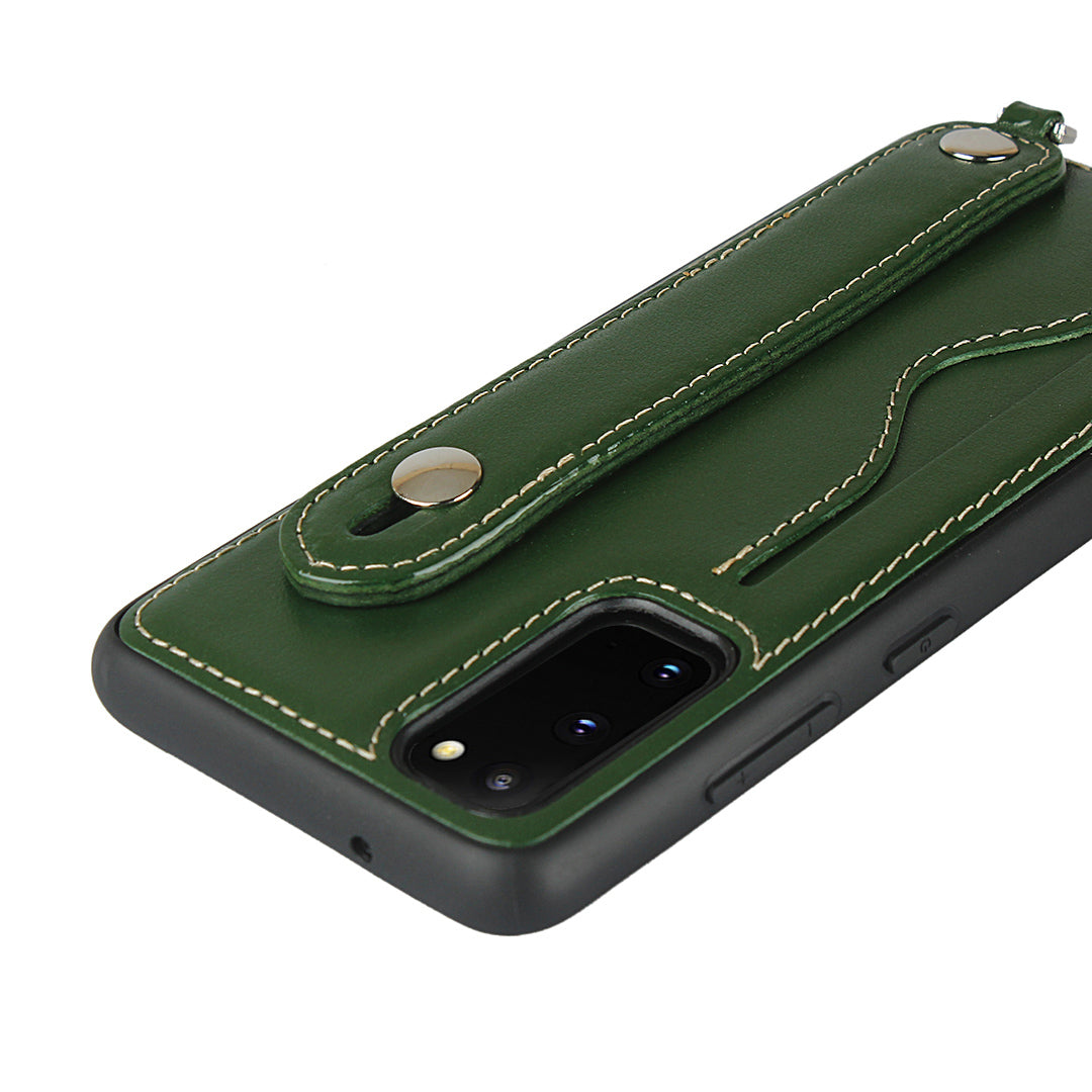 Handy Strap Kickstand Card Holder Genuine Leather Coated TPU Cover with Lanyard for Samsung Galaxy S20 4G/S20 5G - Green