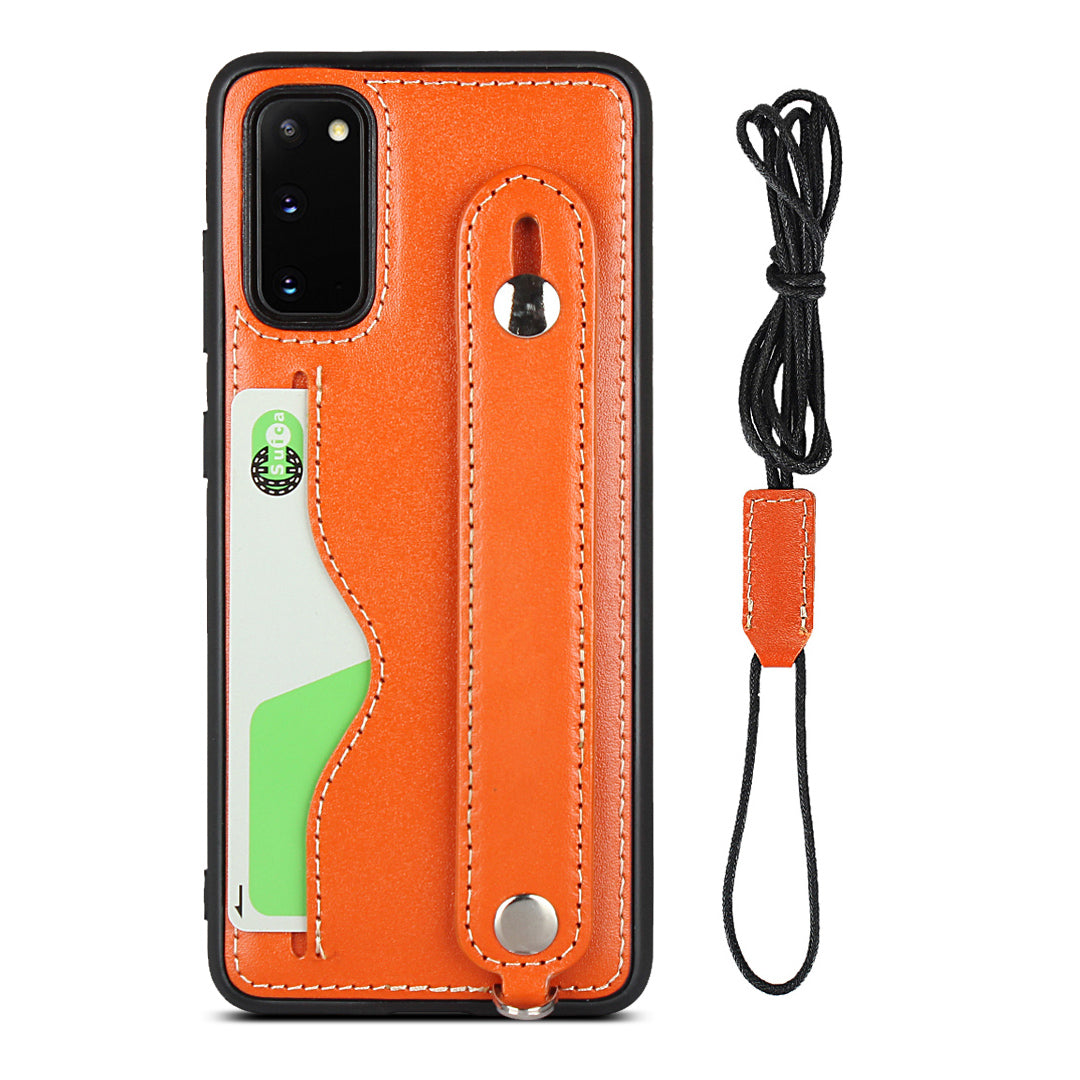 Handy Strap Kickstand Card Holder Genuine Leather Coated TPU Cover with Lanyard for Samsung Galaxy S20 4G/S20 5G - Orange