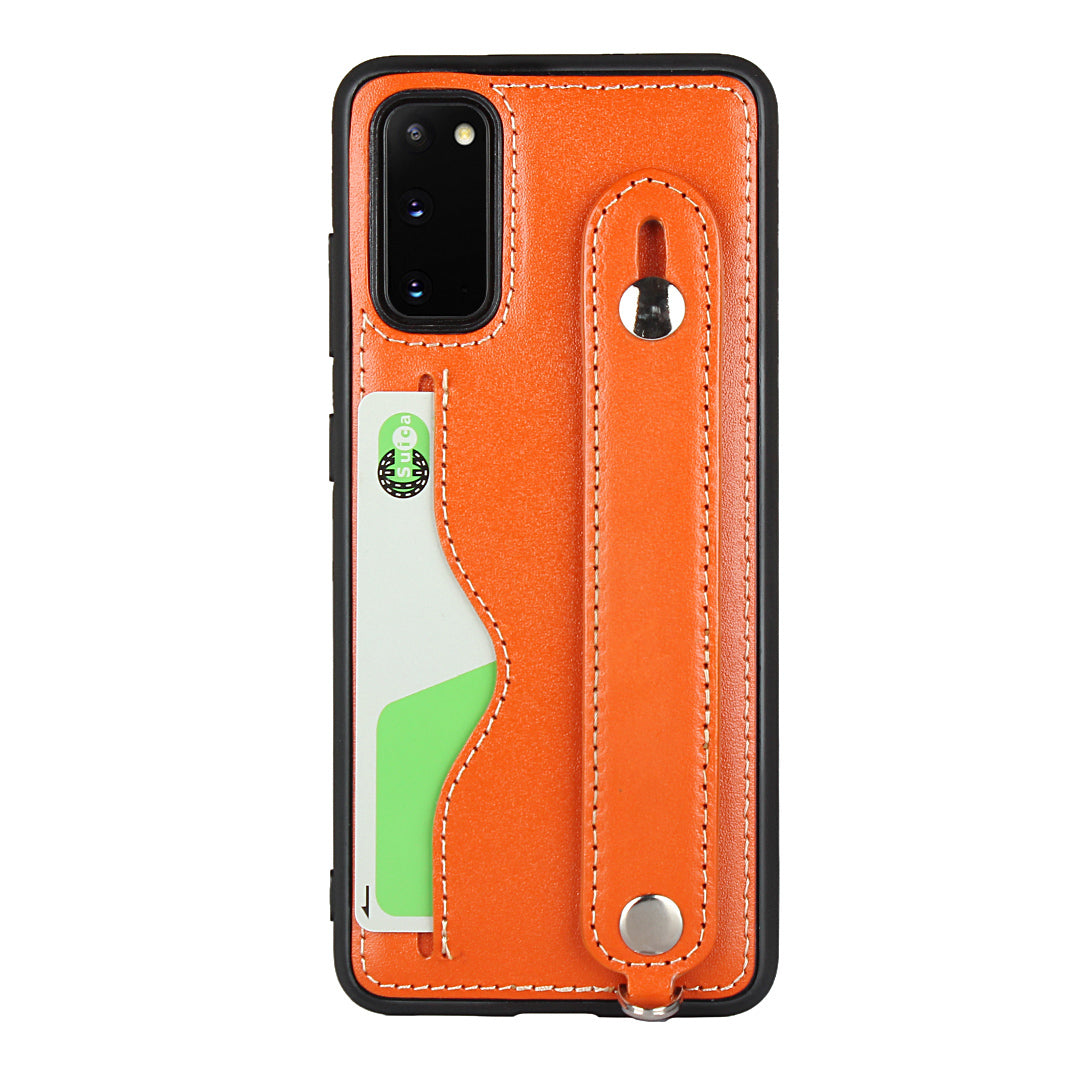 Handy Strap Kickstand Card Holder Genuine Leather Coated TPU Cover with Lanyard for Samsung Galaxy S20 4G/S20 5G - Orange