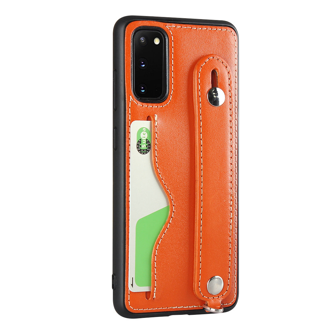 Handy Strap Kickstand Card Holder Genuine Leather Coated TPU Cover with Lanyard for Samsung Galaxy S20 4G/S20 5G - Orange