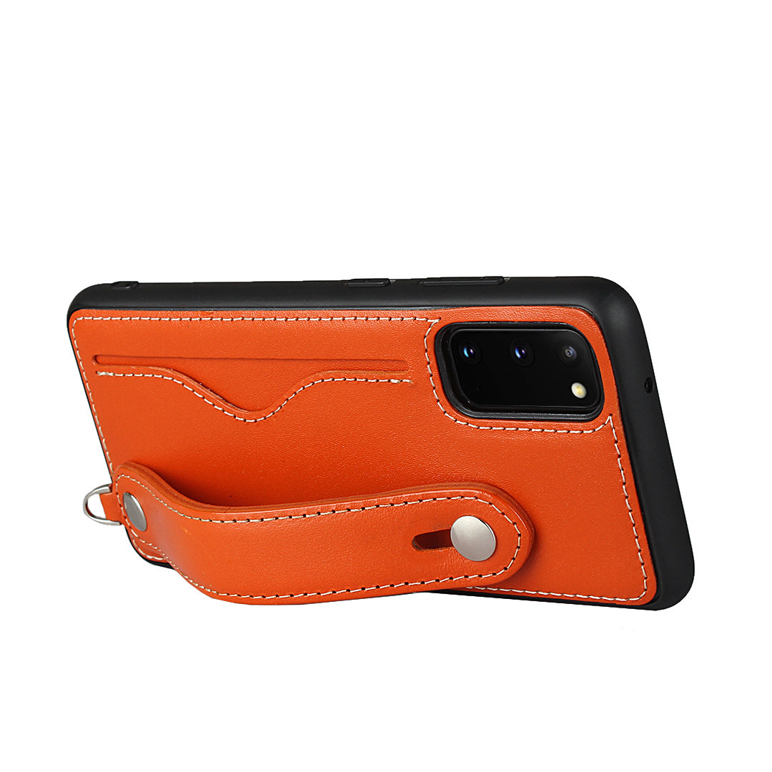 Handy Strap Kickstand Card Holder Genuine Leather Coated TPU Cover with Lanyard for Samsung Galaxy S20 4G/S20 5G - Orange