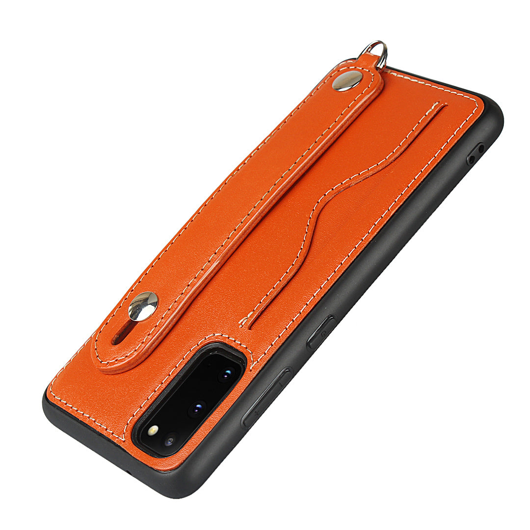 Handy Strap Kickstand Card Holder Genuine Leather Coated TPU Cover with Lanyard for Samsung Galaxy S20 4G/S20 5G - Orange