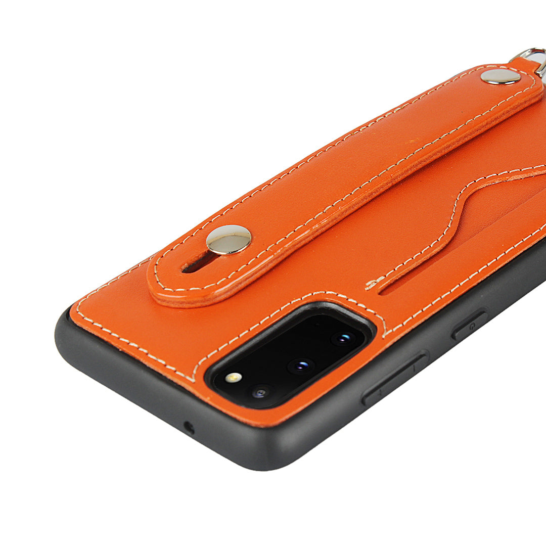 Handy Strap Kickstand Card Holder Genuine Leather Coated TPU Cover with Lanyard for Samsung Galaxy S20 4G/S20 5G - Orange