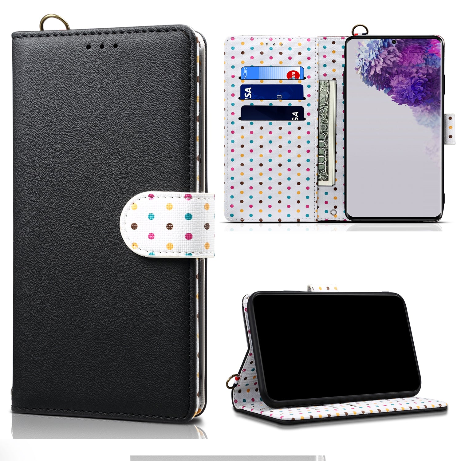 Retro Dots Decor Leather Phone Cover Shell with Lanyard for Samsung Galaxy S20 4G/S20 5G - Black