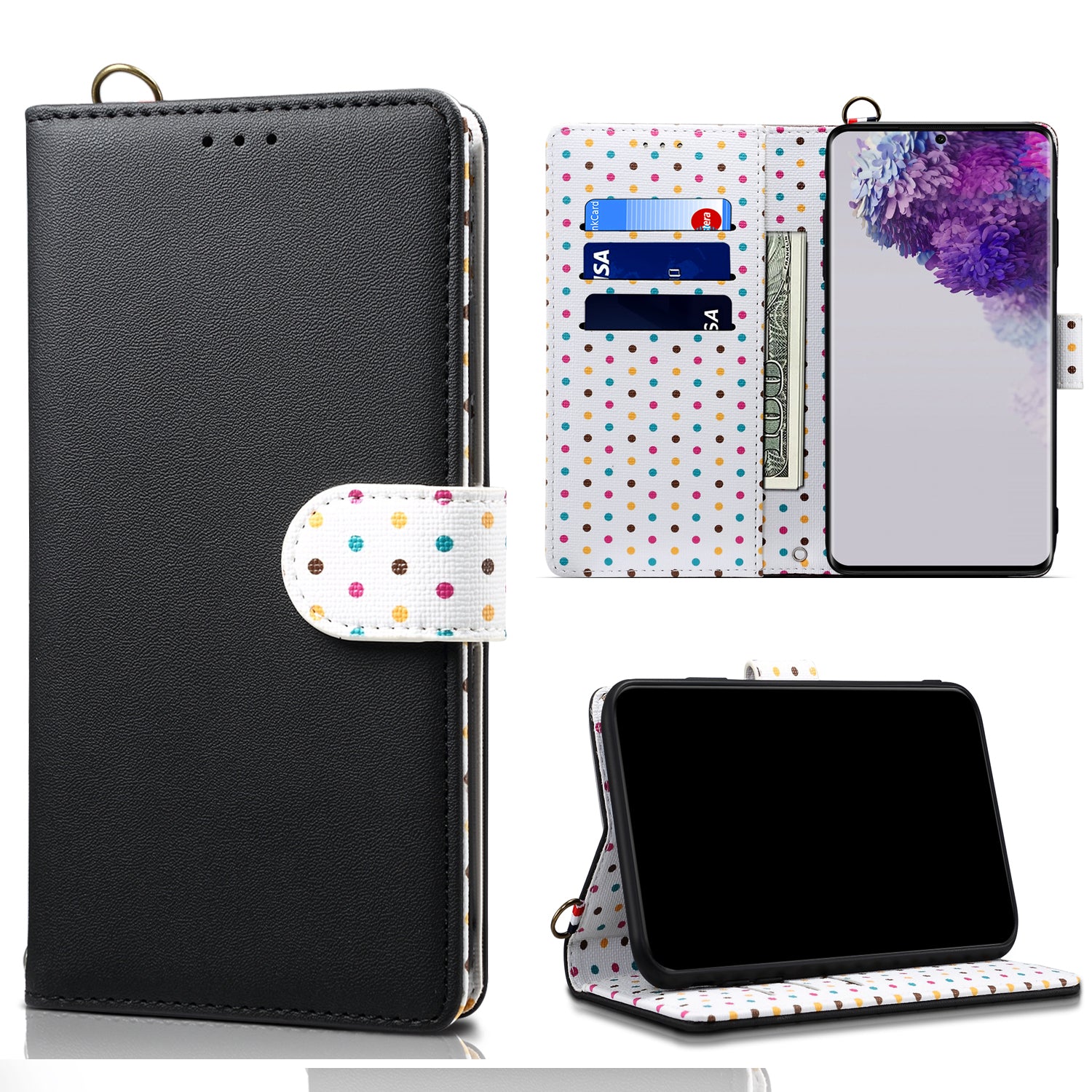 Polk Dots Style Wallet Stand Flip Leather Phone Shell for Samsung Galaxy S20 Ultra - Black