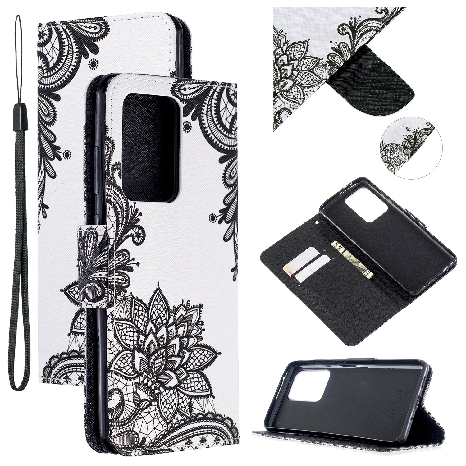 Pattern Printing Cross Texture Leather Wallet Case for Samsung Galaxy S20 Ultra - Black Flower