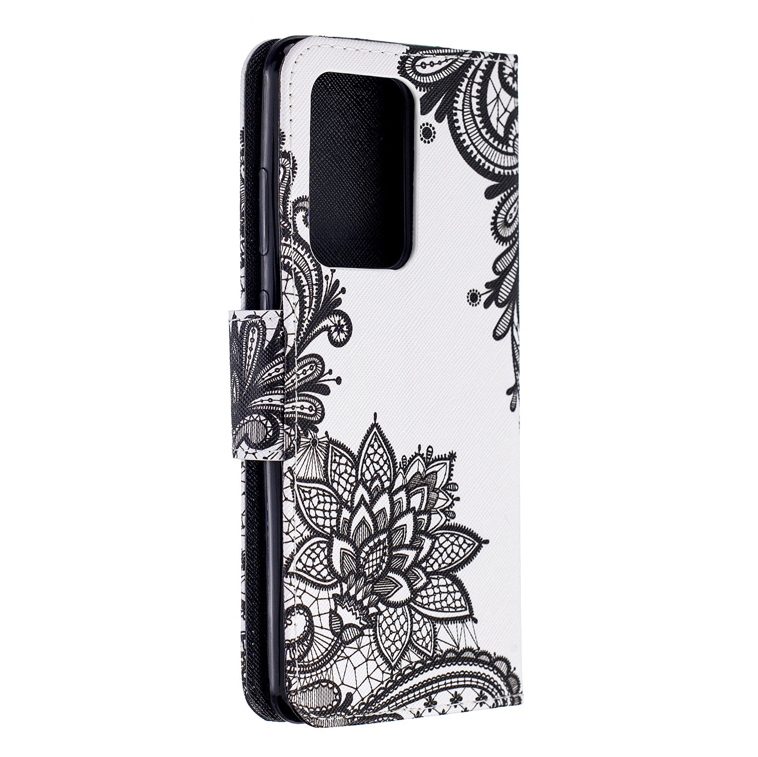 Pattern Printing Cross Texture Leather Wallet Case for Samsung Galaxy S20 Ultra - Black Flower