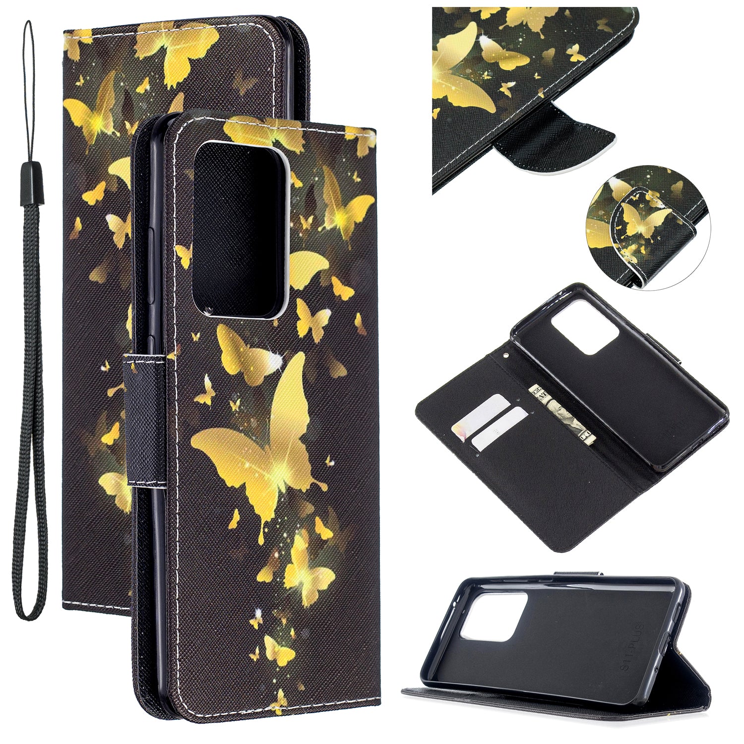 Pattern Printing Cross Texture Leather Wallet Case for Samsung Galaxy S20 Ultra - Gold Butterfly