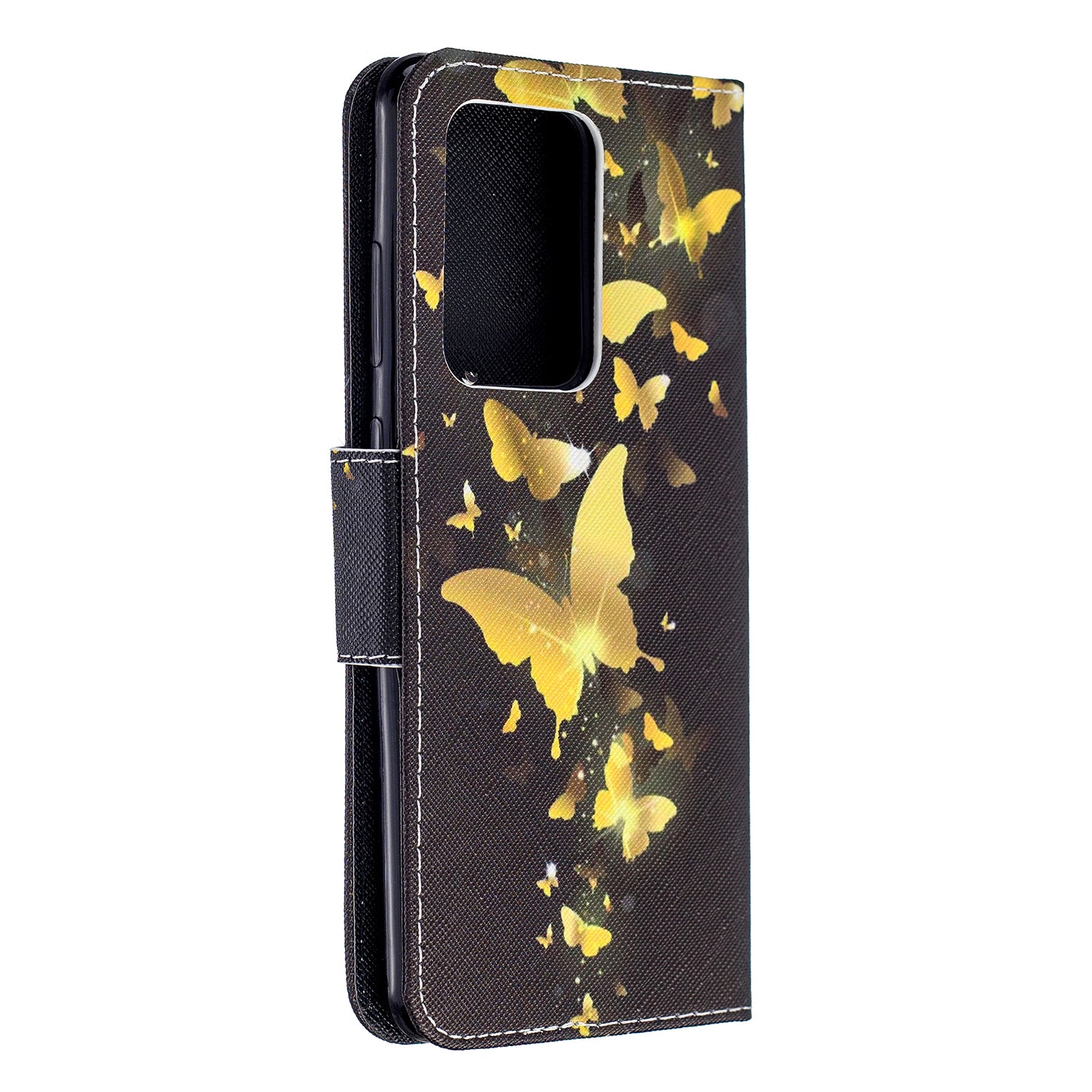 Pattern Printing Cross Texture Leather Wallet Case for Samsung Galaxy S20 Ultra - Gold Butterfly