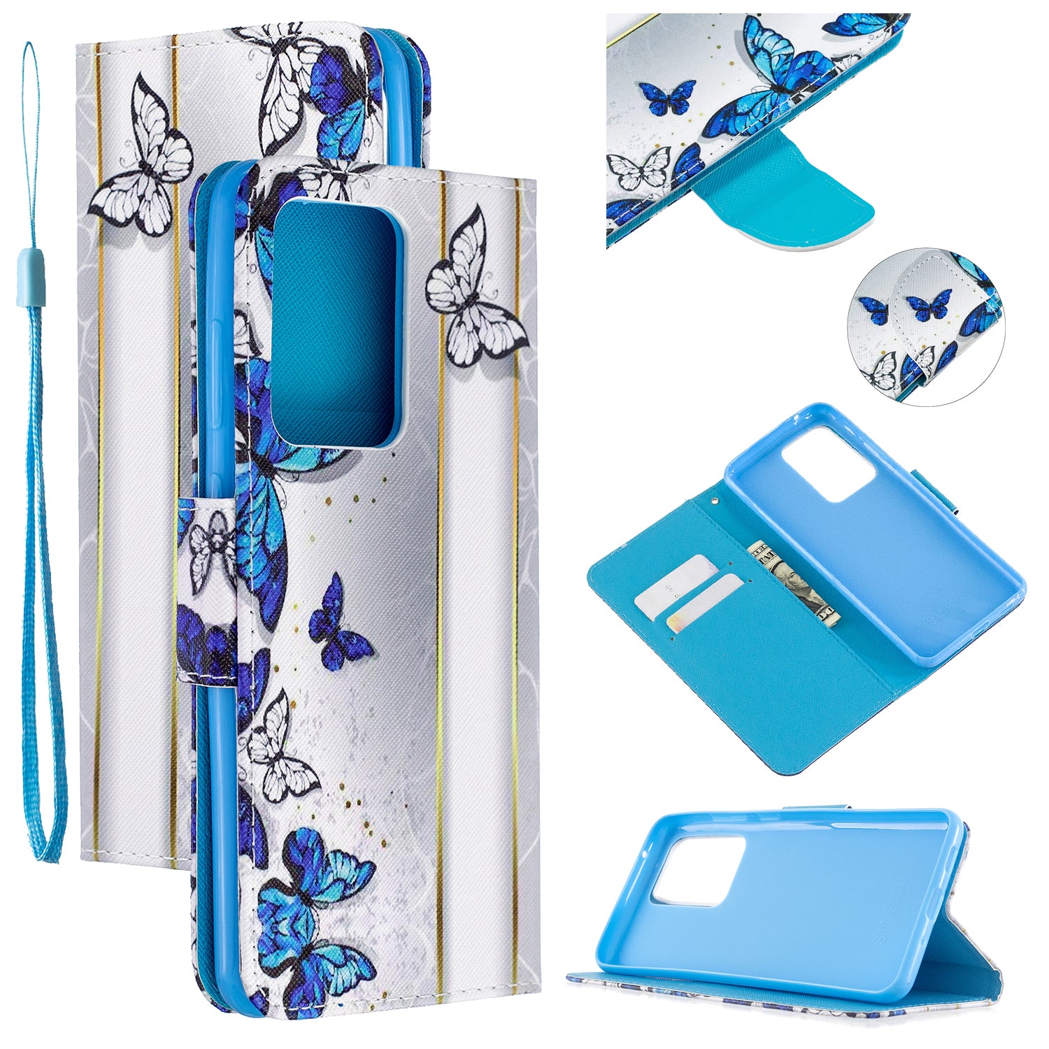 Pattern Printing Cross Texture Leather Wallet Case for Samsung Galaxy S20 Ultra - Blue Butterfly