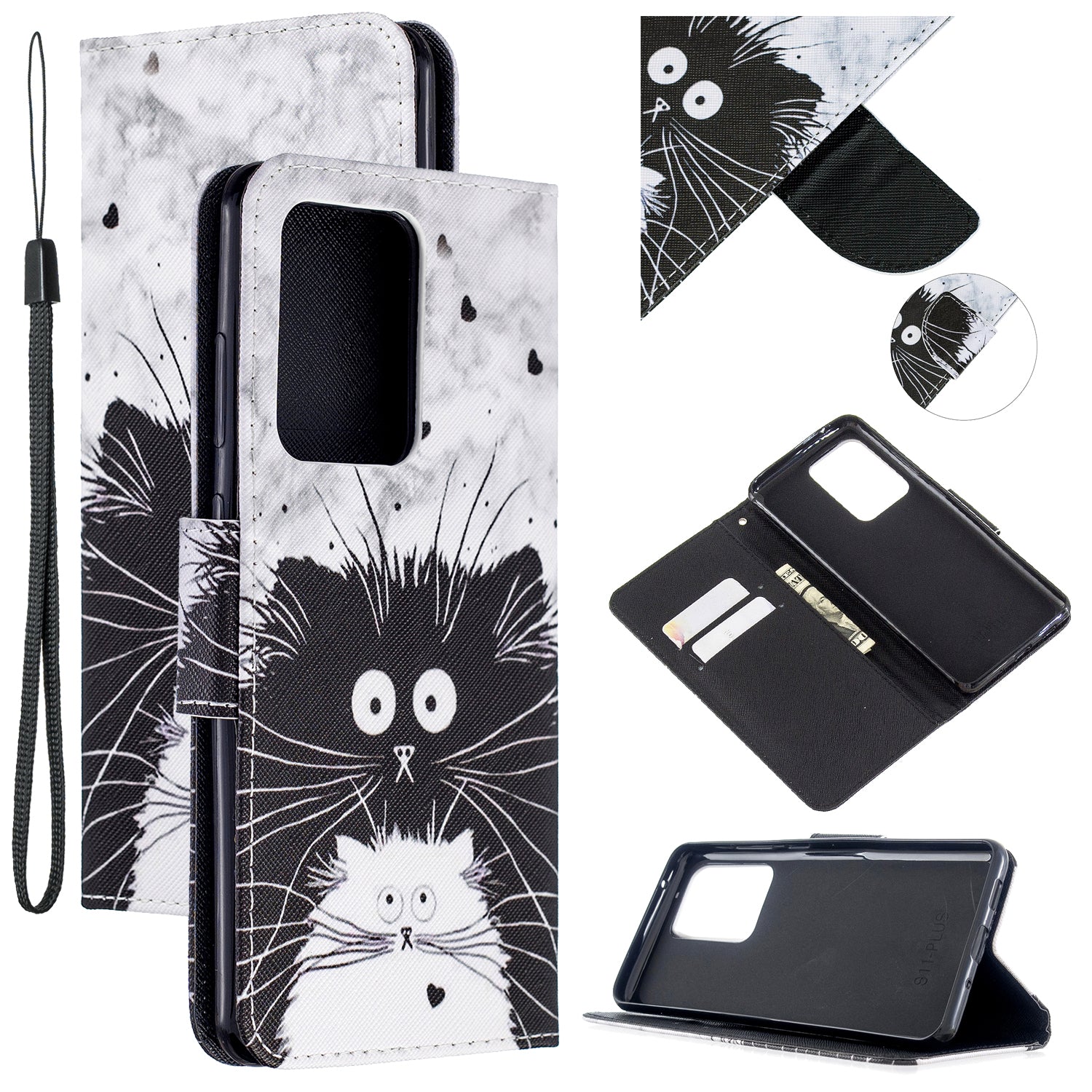 Pattern Printing Cross Texture Leather Wallet Case for Samsung Galaxy S20 Ultra - Black and White Cat