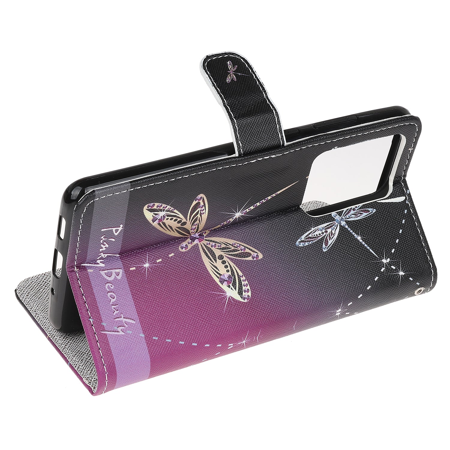 Cross Texture Pattern Printing Leather Wallet Cover with Strap for Samsung Galaxy S20 Ultra - Dragonfly