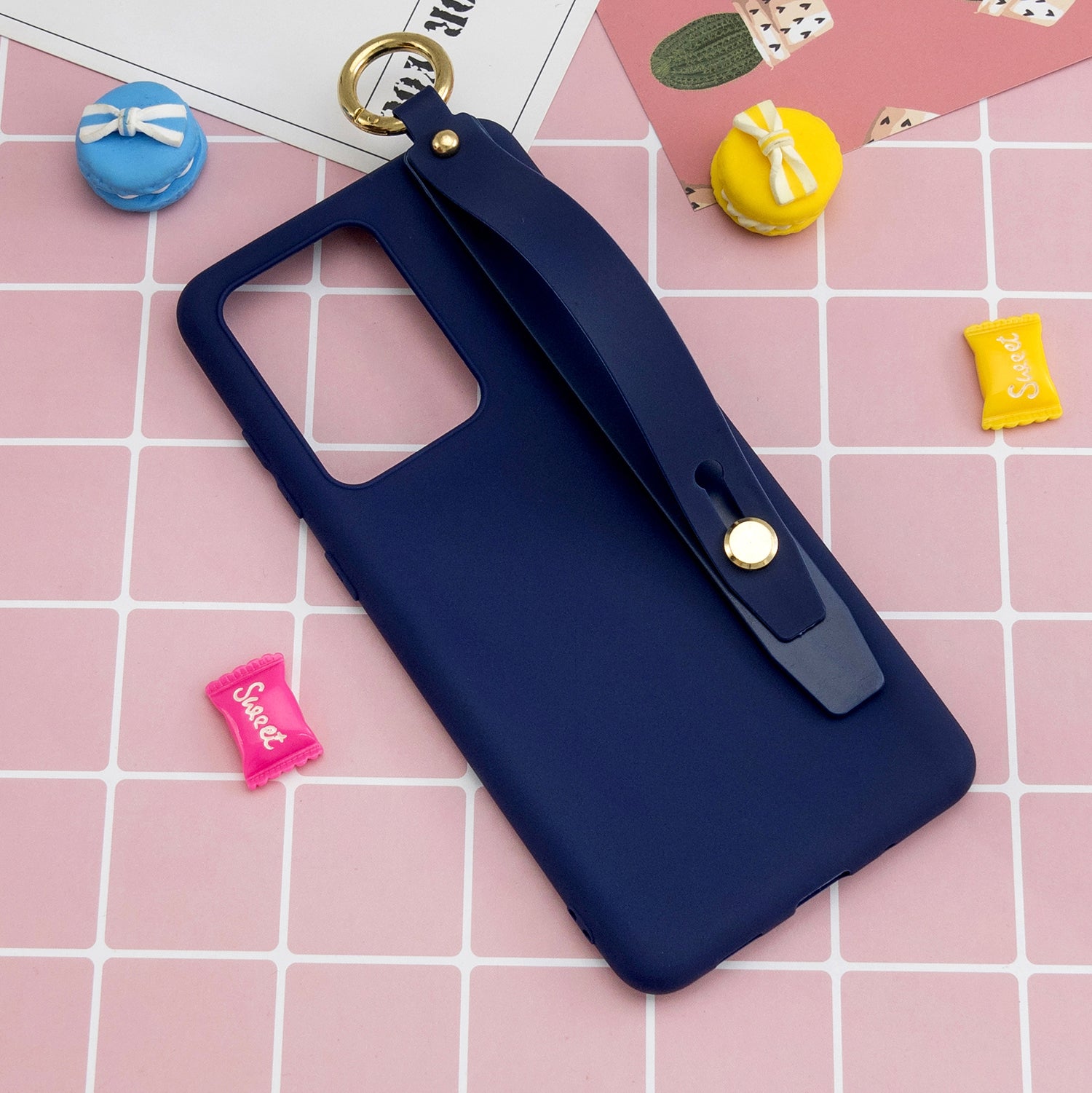 TPU Cell Phone Cover with Wrist Strap Kickstand for Samsung Galaxy S20 Ultra - Dark Blue