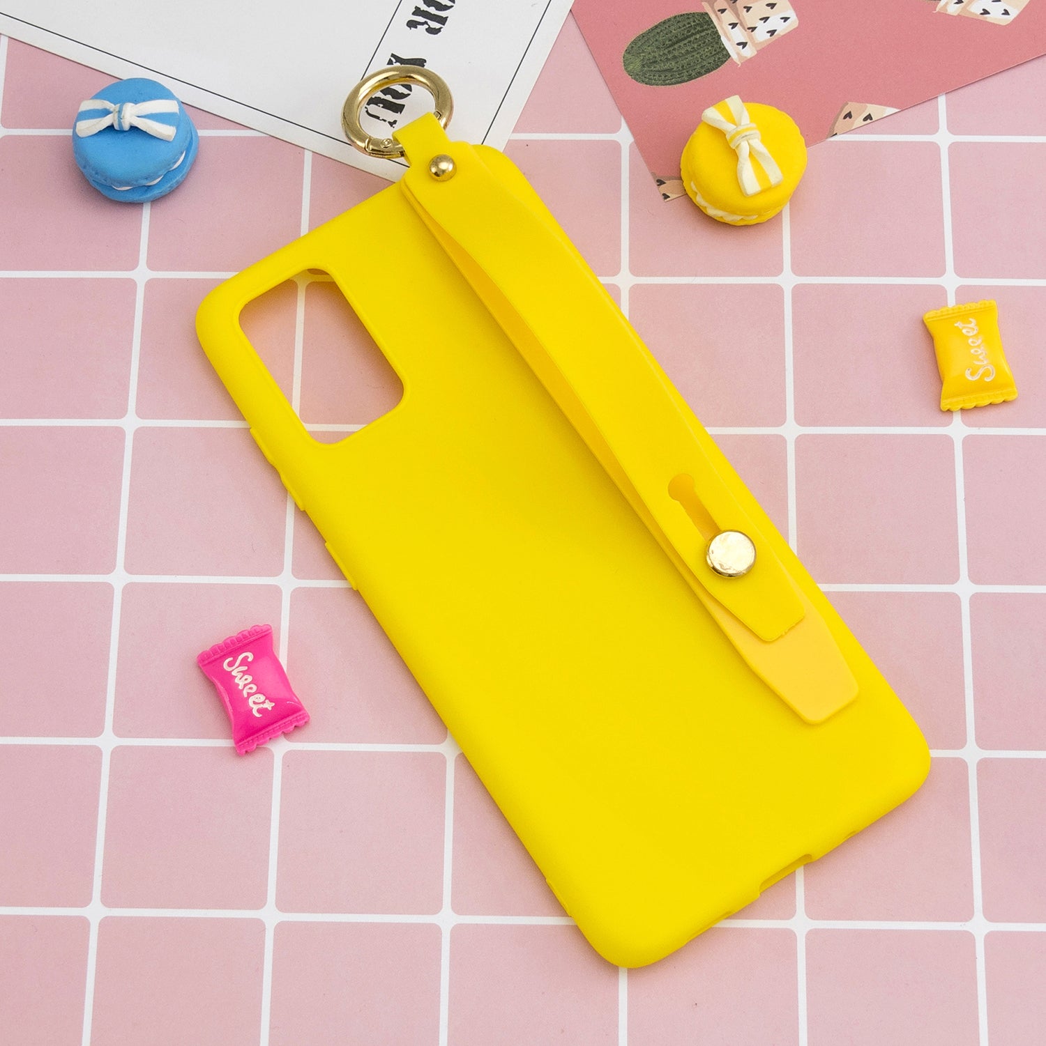 TPU Cell Phone Back Case with Wrist Strap Kickstand for Samsung Galaxy S20 Plus / S20 Plus 5G - Yellow