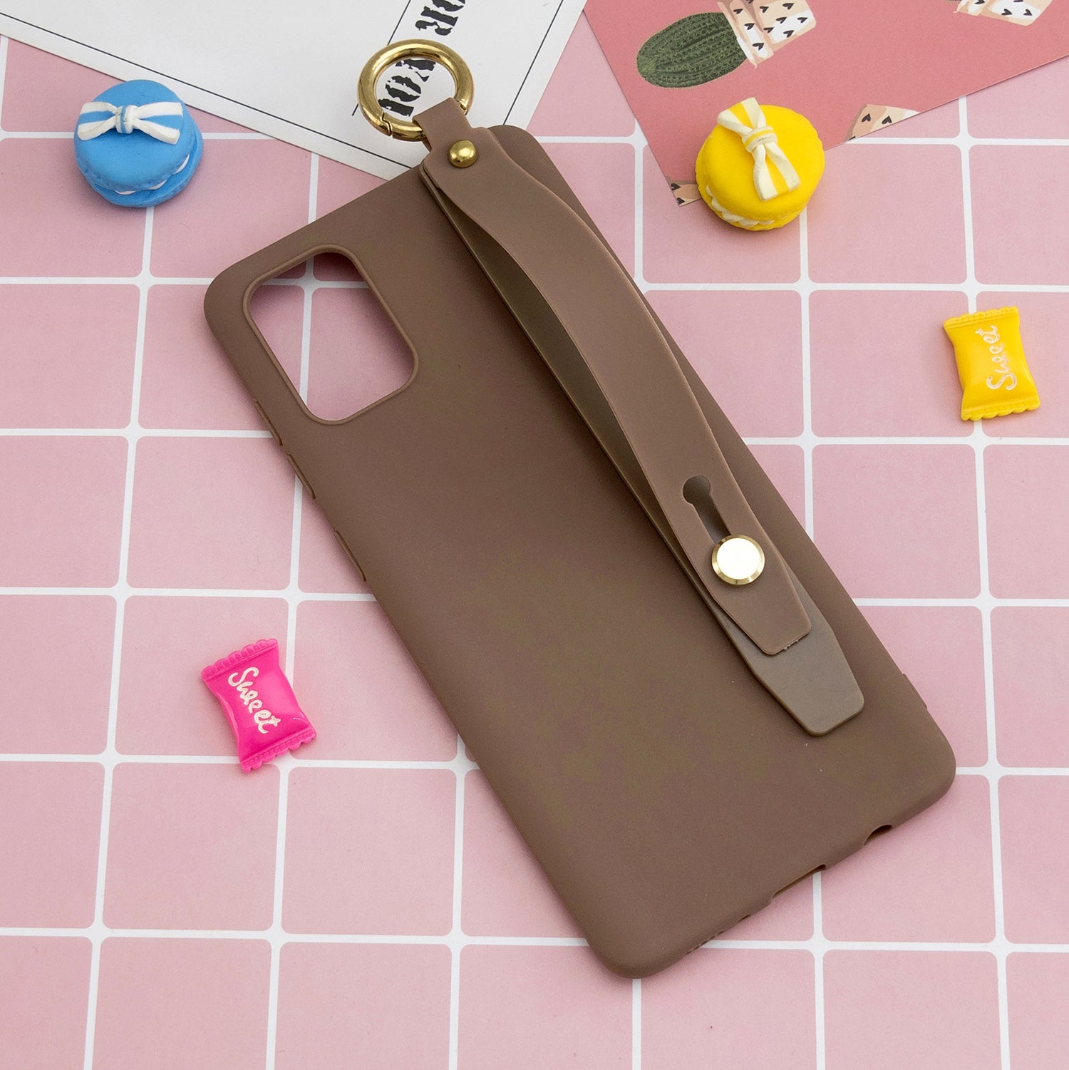 TPU Cell Phone Back Case with Wrist Strap Kickstand for Samsung Galaxy S20 Plus / S20 Plus 5G - Brown