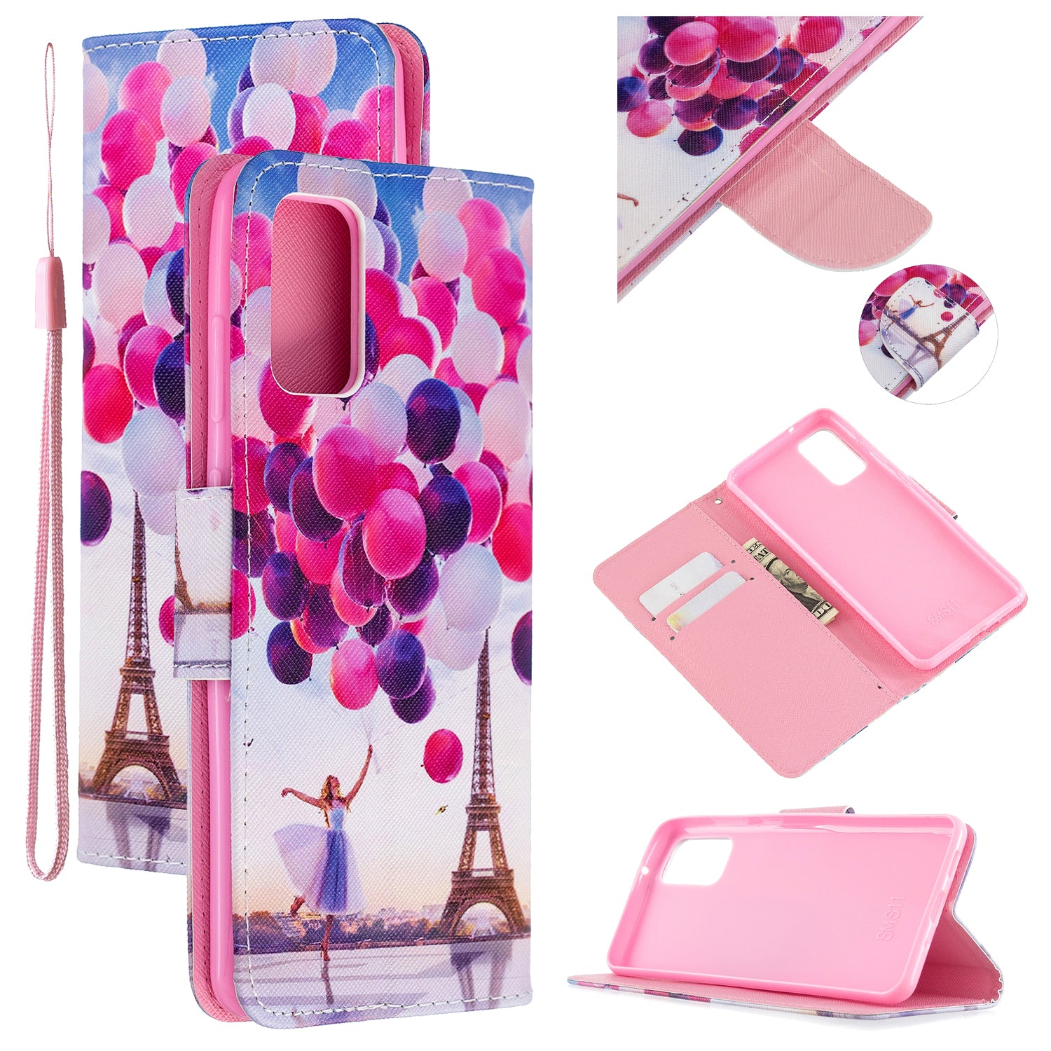 Cross Texture Pattern Printing Flip Leather Wallet Stand Cover for Samsung Galaxy S20 Plus - Ballon and Eiffel Tower