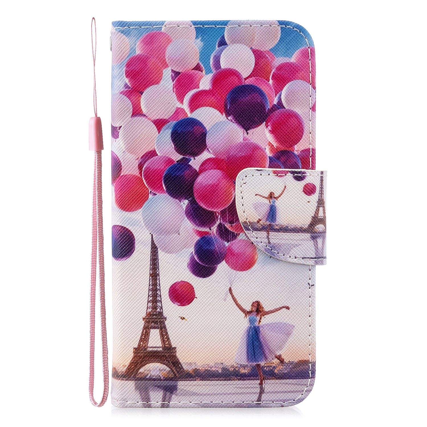 Cross Texture Pattern Printing Flip Leather Wallet Stand Cover for Samsung Galaxy S20 Plus - Ballon and Eiffel Tower