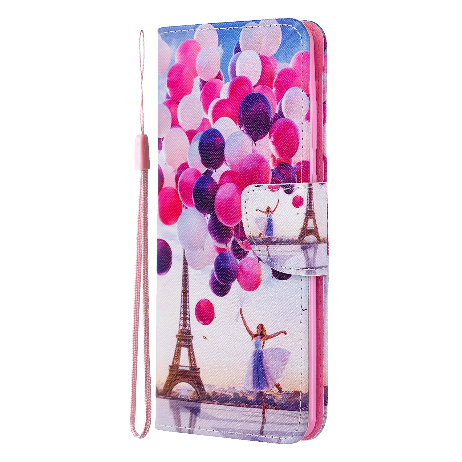 Cross Texture Pattern Printing Flip Leather Wallet Stand Cover for Samsung Galaxy S20 Plus - Ballon and Eiffel Tower