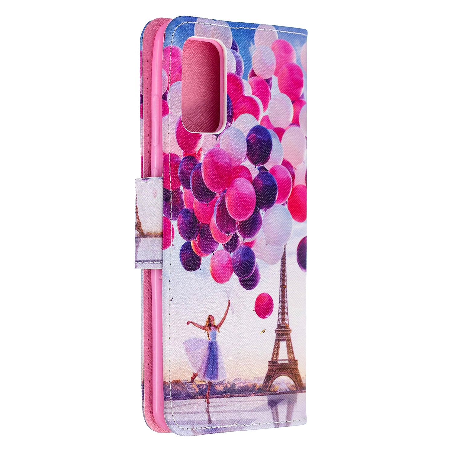 Cross Texture Pattern Printing Flip Leather Wallet Stand Cover for Samsung Galaxy S20 Plus - Ballon and Eiffel Tower