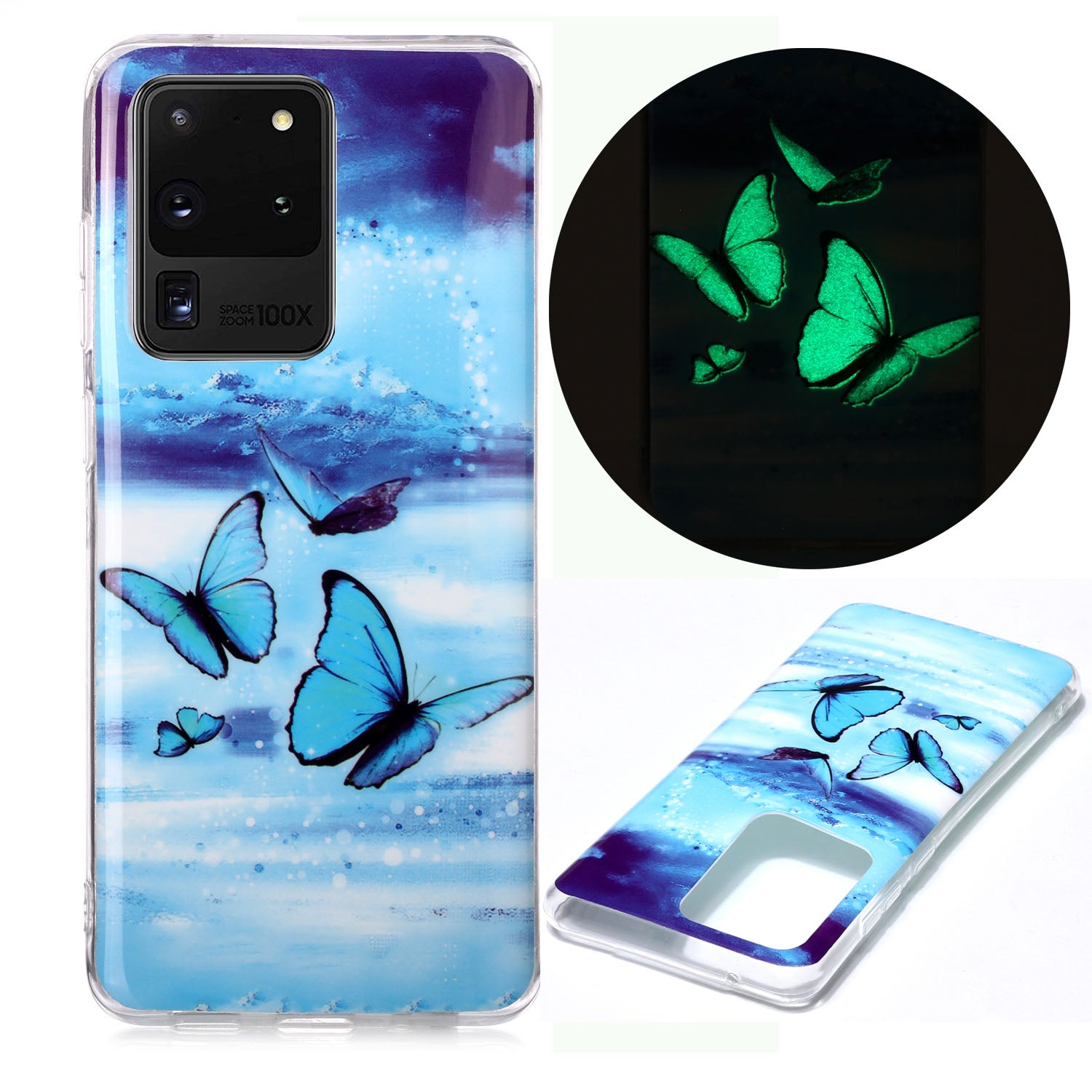 Noctilucent IMD TPU Phone Back Case for Samsung Galaxy S20 Ultra - Blue Butterflies