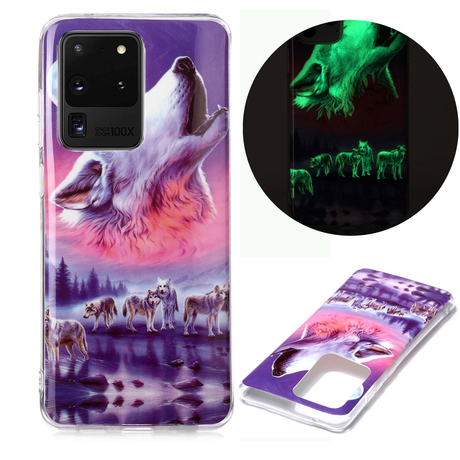 Noctilucent IMD TPU Phone Back Case for Samsung Galaxy S20 Ultra - Wolf Howling