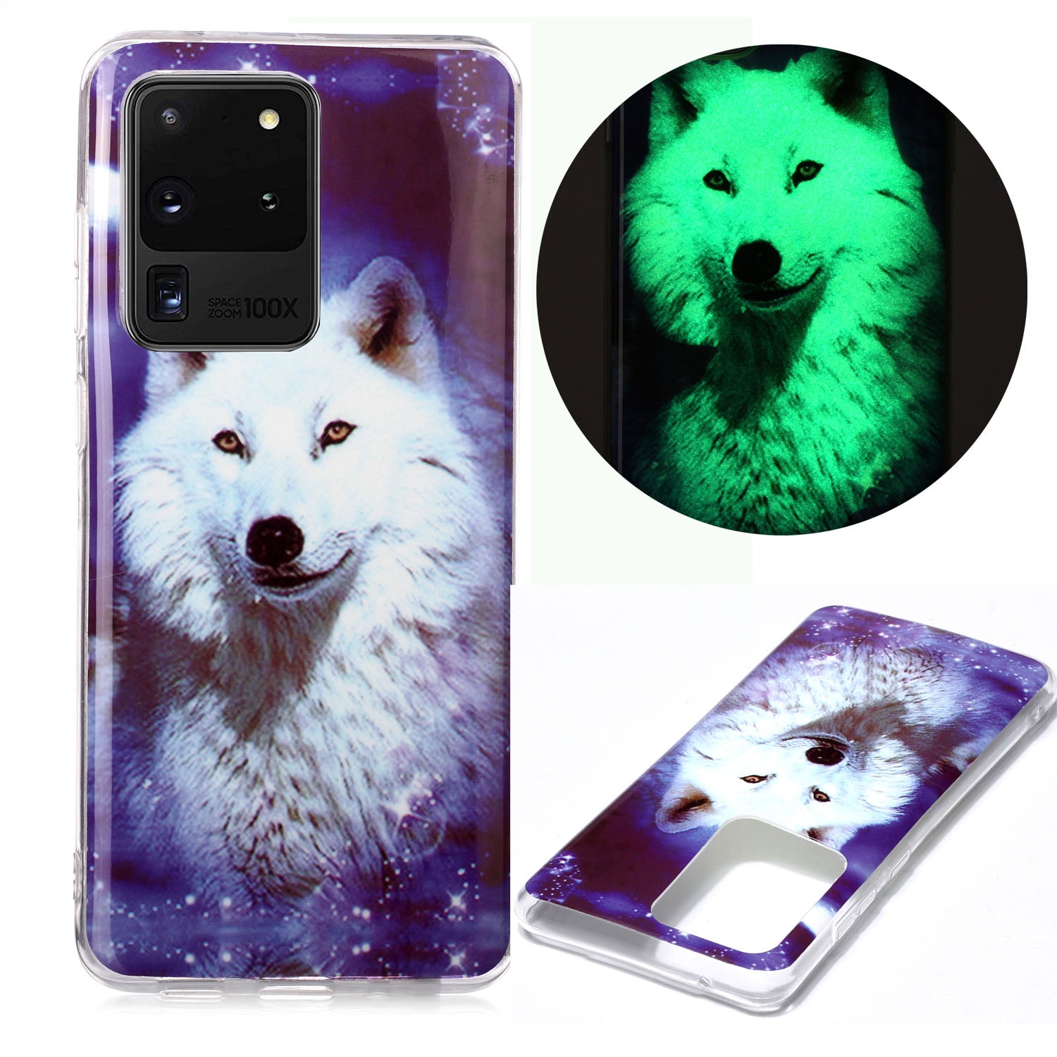 Noctilucent IMD TPU Phone Back Case for Samsung Galaxy S20 Ultra - White Wolf