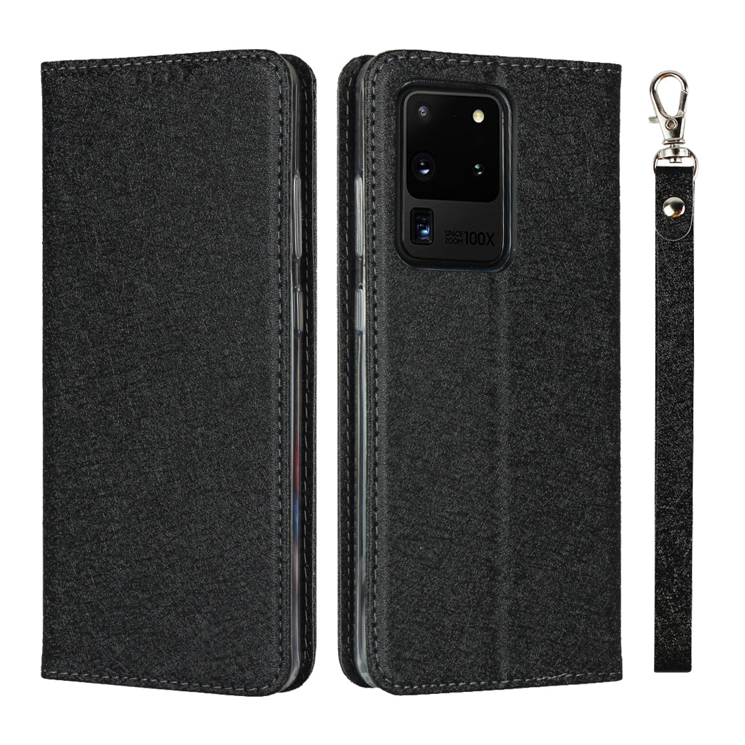 Silk Skin Leather Wallet Stand Protective Phone Case for Samsung Galaxy S20 Ultra - Black