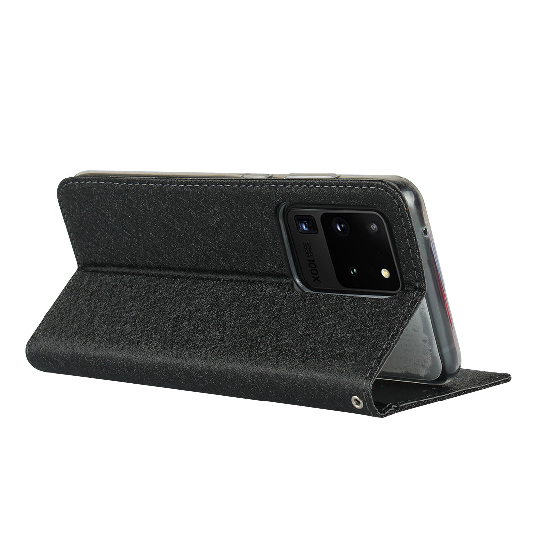 Silk Skin Leather Wallet Stand Protective Phone Case for Samsung Galaxy S20 Ultra - Black