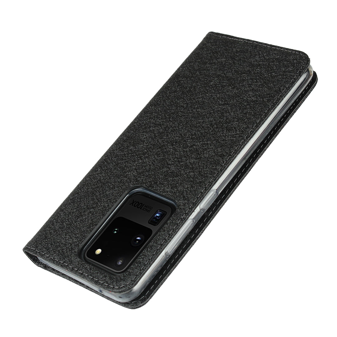 Silk Skin Leather Wallet Stand Protective Phone Case for Samsung Galaxy S20 Ultra - Black