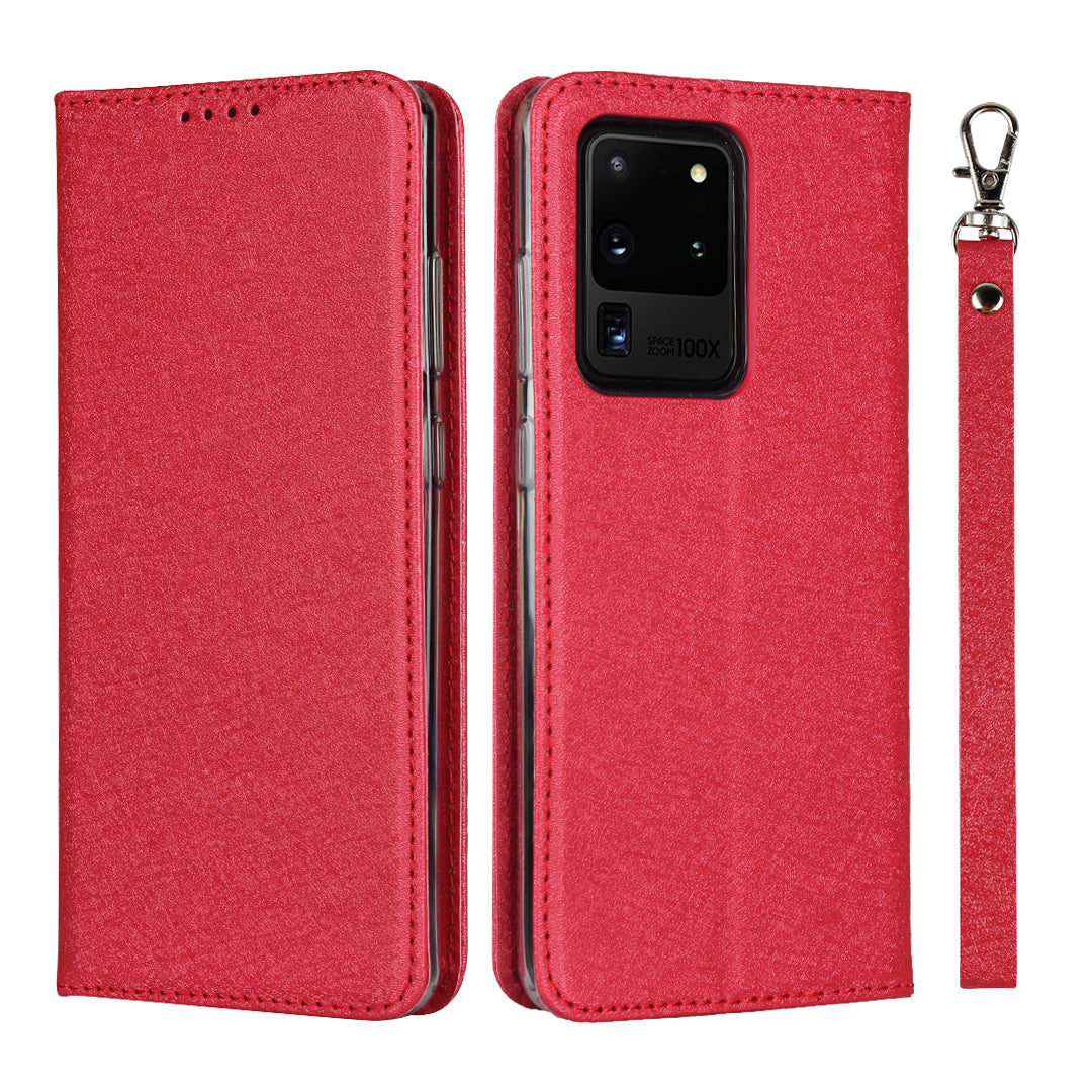 Silk Skin Leather Wallet Stand Protective Phone Case for Samsung Galaxy S20 Ultra - Red