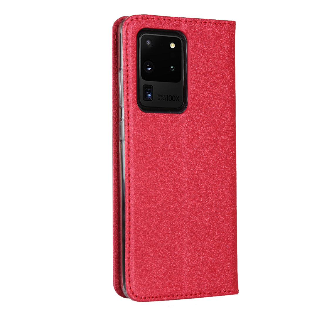 Silk Skin Leather Wallet Stand Protective Phone Case for Samsung Galaxy S20 Ultra - Red