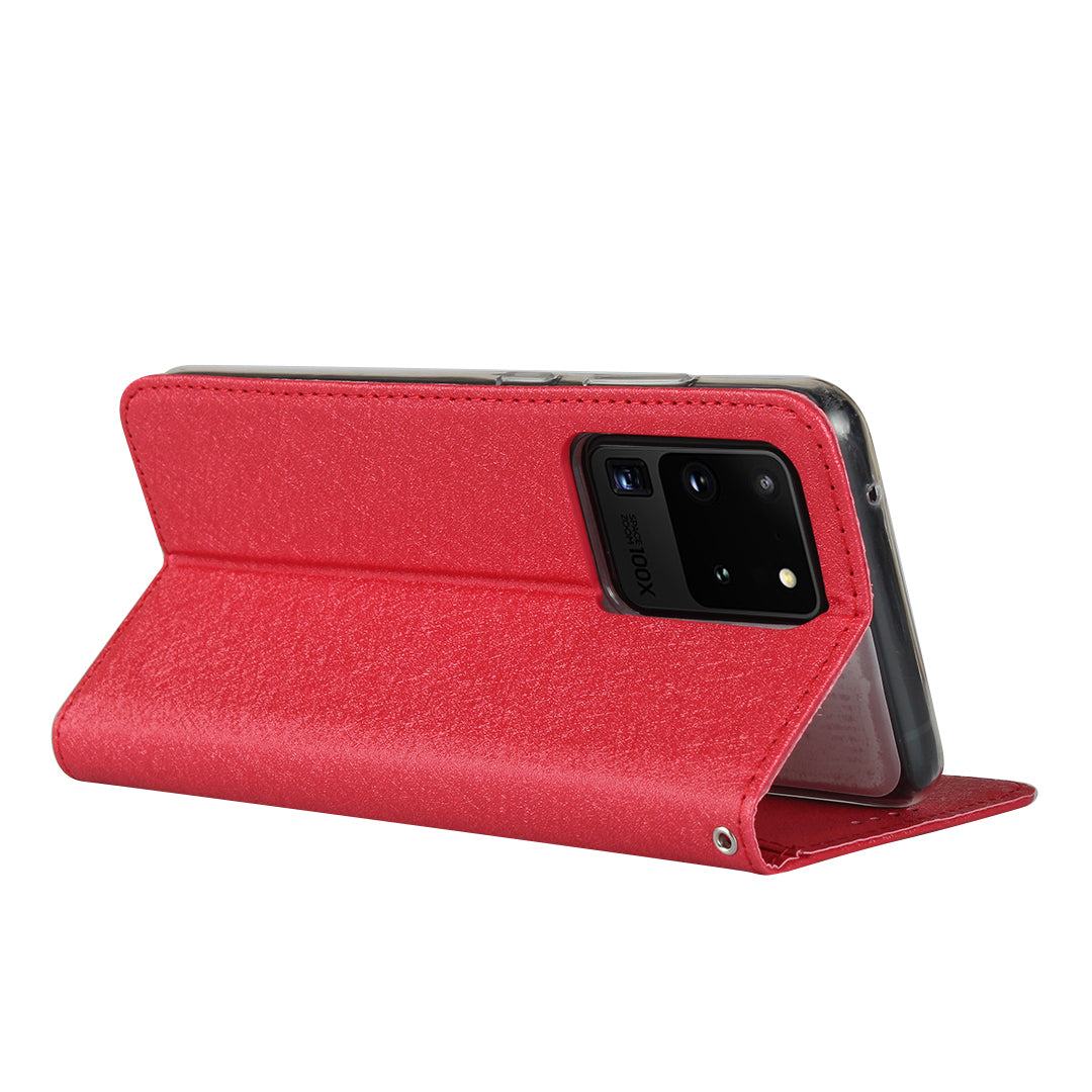 Silk Skin Leather Wallet Stand Protective Phone Case for Samsung Galaxy S20 Ultra - Red