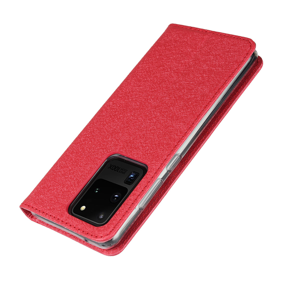 Silk Skin Leather Wallet Stand Protective Phone Case for Samsung Galaxy S20 Ultra - Red