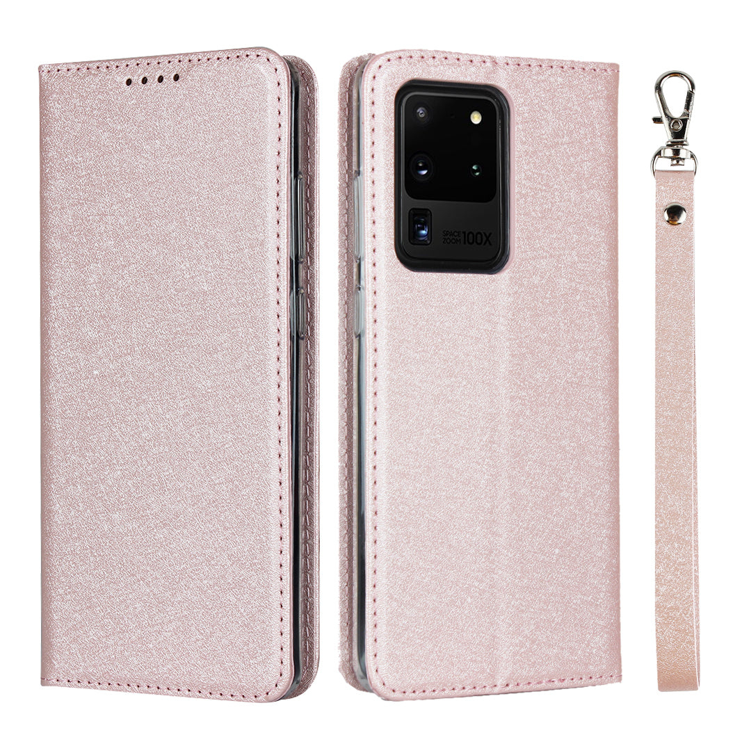 Silk Skin Leather Wallet Stand Protective Phone Case for Samsung Galaxy S20 Ultra - Rose Gold