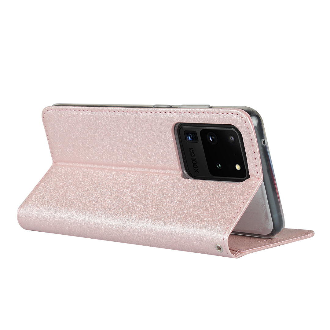 Silk Skin Leather Wallet Stand Protective Phone Case for Samsung Galaxy S20 Ultra - Rose Gold