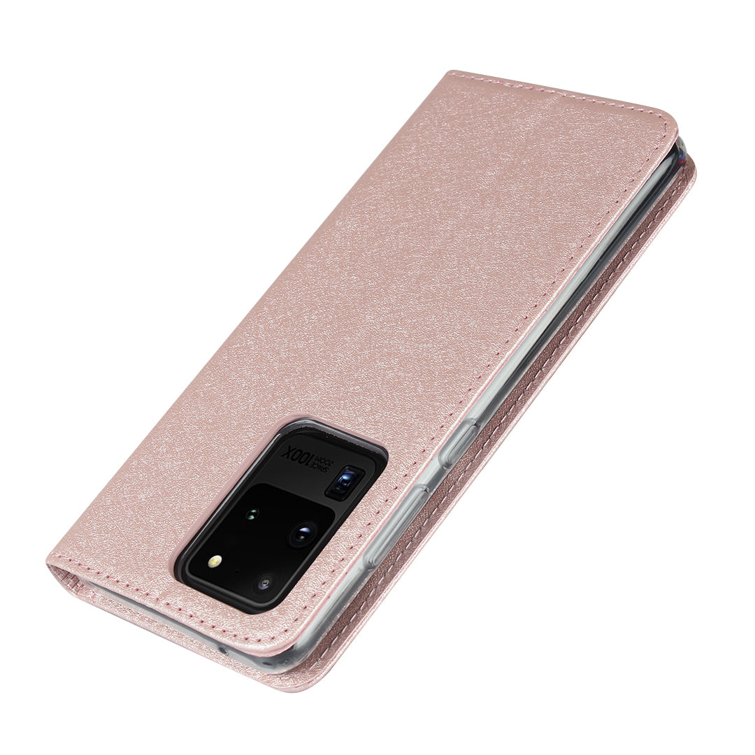 Silk Skin Leather Wallet Stand Protective Phone Case for Samsung Galaxy S20 Ultra - Rose Gold