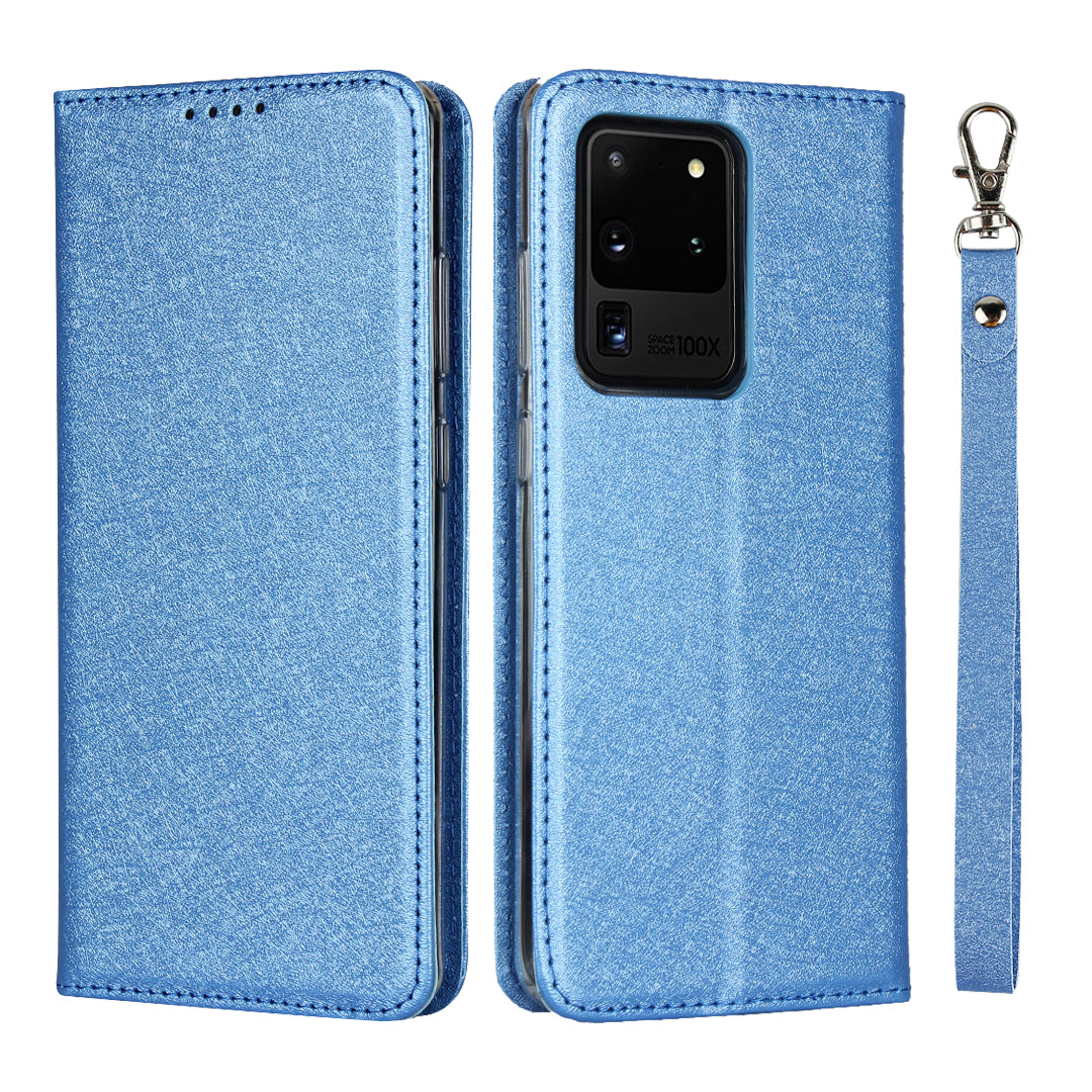 Silk Skin Leather Wallet Stand Protective Phone Case for Samsung Galaxy S20 Ultra - Blue