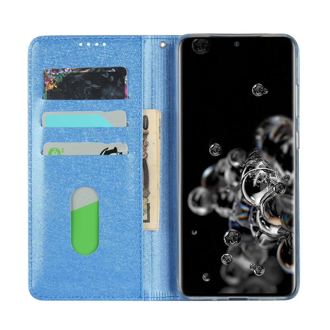 Silk Skin Leather Wallet Stand Protective Phone Case for Samsung Galaxy S20 Ultra - Blue