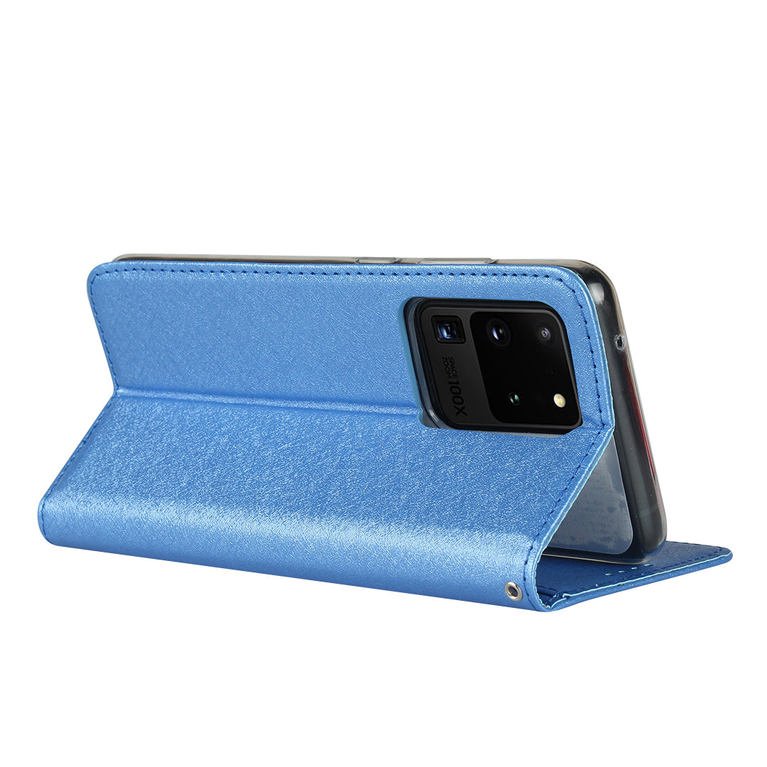 Silk Skin Leather Wallet Stand Protective Phone Case for Samsung Galaxy S20 Ultra - Blue