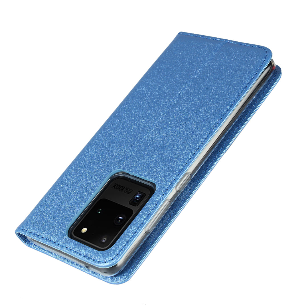 Silk Skin Leather Wallet Stand Protective Phone Case for Samsung Galaxy S20 Ultra - Blue