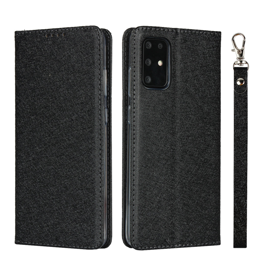 Silk Skin Wallet Stand Cell Phone Protective Leather Cover for Samsung Galaxy S20 Plus - Black