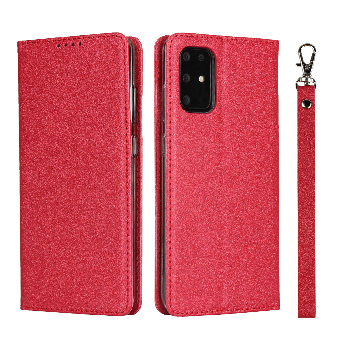 Silk Skin Wallet Stand Cell Phone Protective Leather Cover for Samsung Galaxy S20 Plus - Red