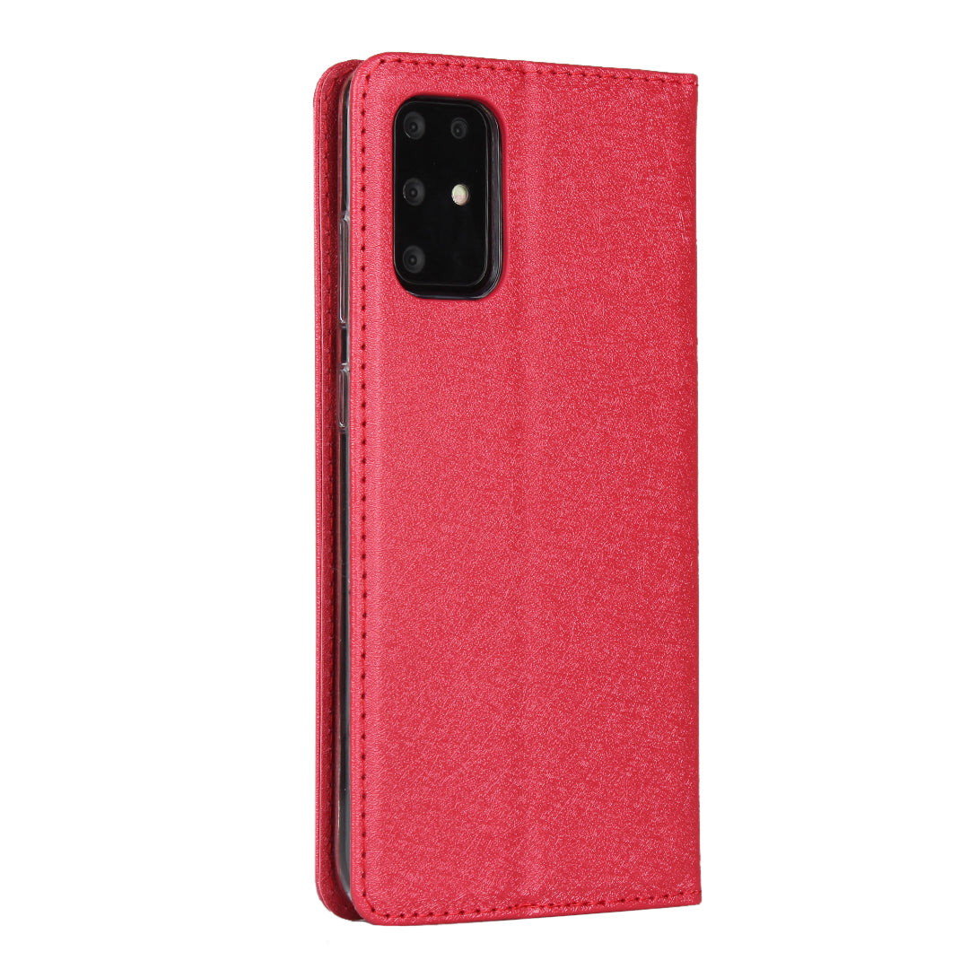 Silk Skin Wallet Stand Cell Phone Protective Leather Cover for Samsung Galaxy S20 Plus - Red