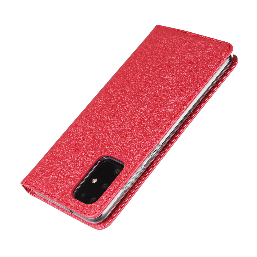 Silk Skin Wallet Stand Cell Phone Protective Leather Cover for Samsung Galaxy S20 Plus - Red