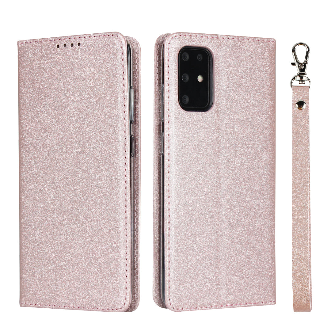 Silk Skin Wallet Stand Cell Phone Protective Leather Cover for Samsung Galaxy S20 Plus - Rose Gold