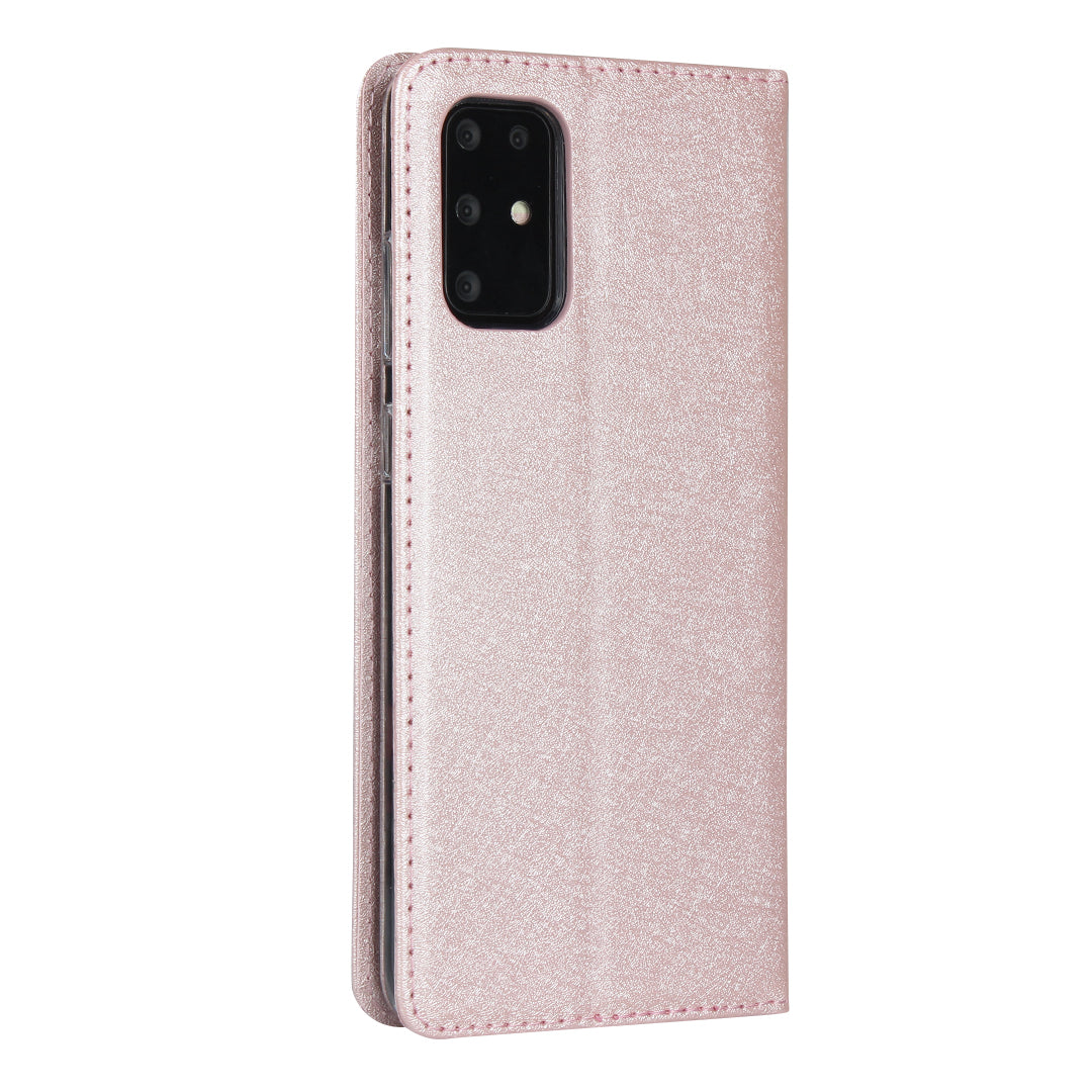 Silk Skin Wallet Stand Cell Phone Protective Leather Cover for Samsung Galaxy S20 Plus - Rose Gold